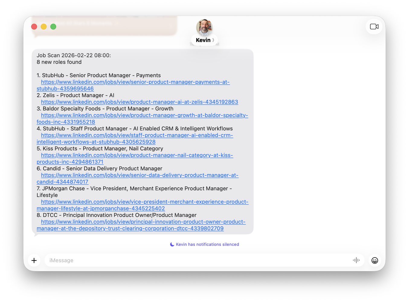 An iMessage from the job scan listing eight new product manager roles with clickable links.