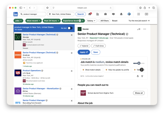 LinkedIn job search results for product manager roles in New York, filtered to the last 24 hours and sorted by most recent.