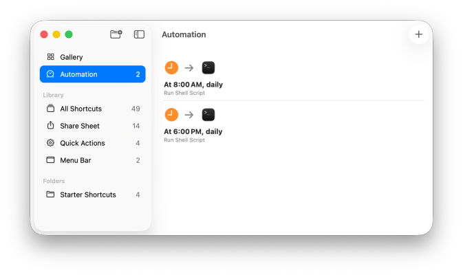 Apple Shortcuts automation list showing two scheduled Run Shell Script actions: one at 8:00 AM daily and one at 6:00 PM daily.