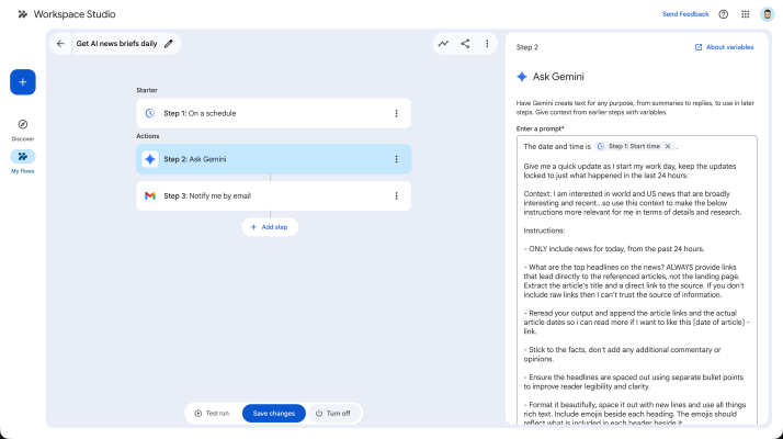 Google Workspace Studio showing a visual three-step AI workflow: a schedule trigger, an Ask Gemini step, and an email notification.