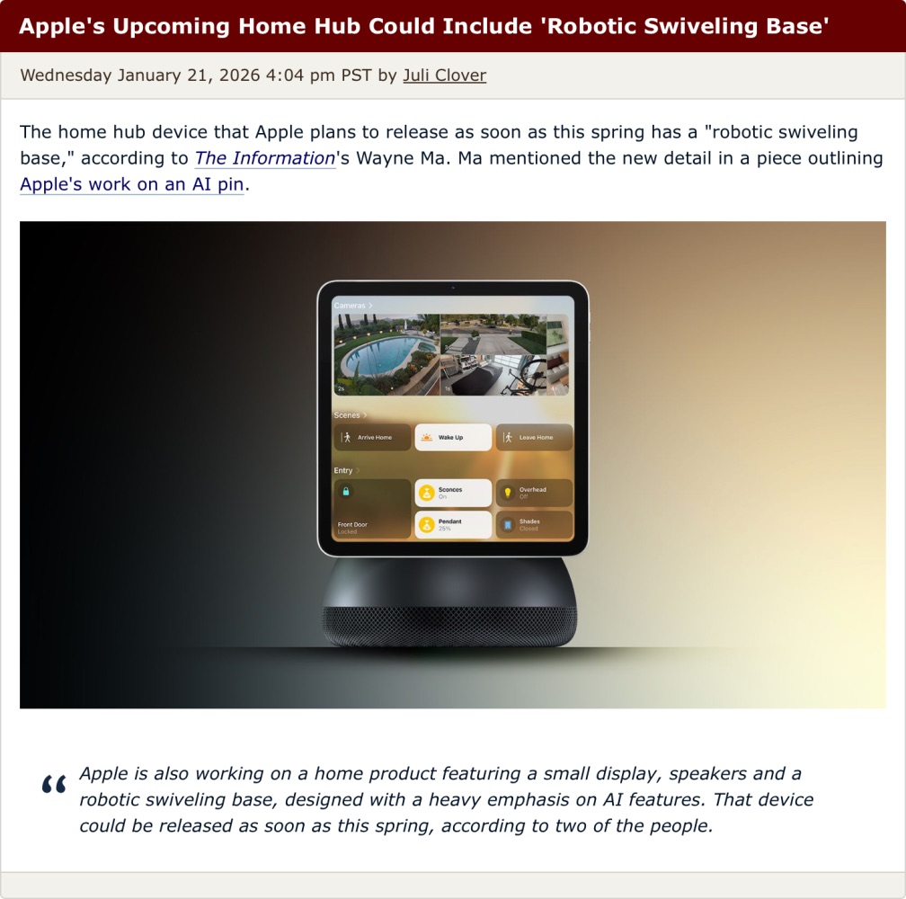 A news article screenshot about Apple's upcoming home hub device with a robotic swiveling base.