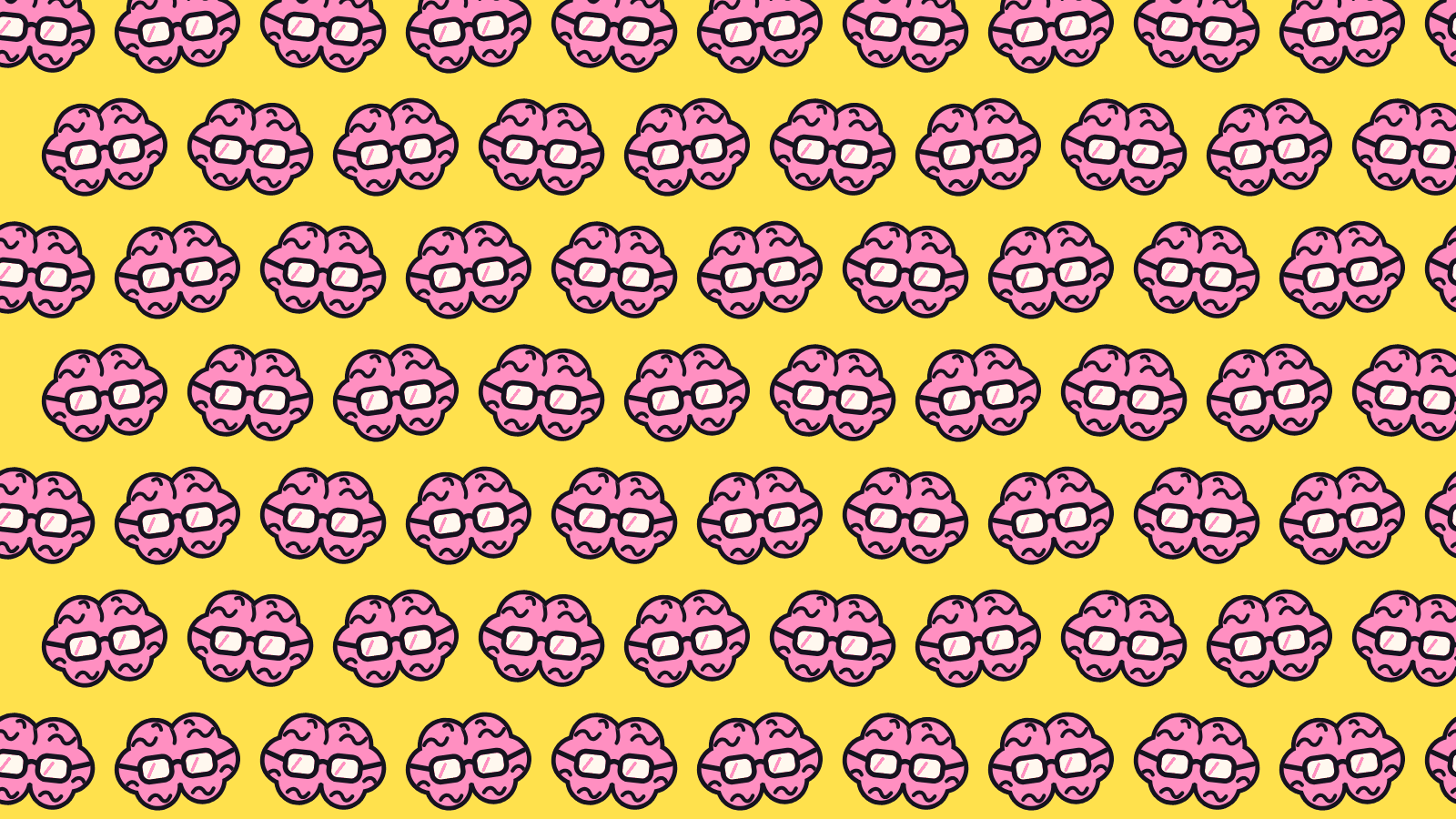 A yellow wall covered in rows of pink brains wearing chunky black glasses.