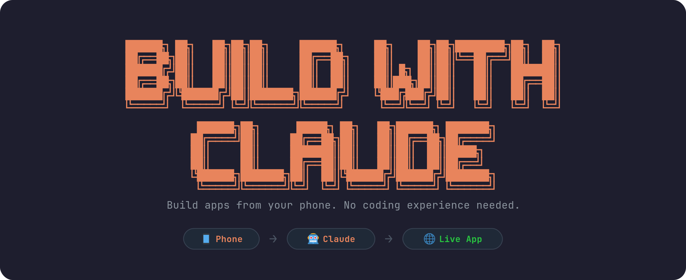 Build With Claude banner: arcade-style pixel lettering with the flow Phone to Claude to Live App
