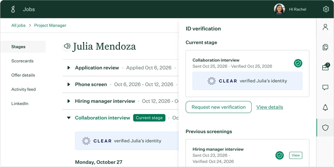 A Greenhouse hiring pipeline for a Project Manager role showing candidate identity verification: a "CLEAR verified Julia's identity" badge with a green check on the current interview stage, a "Request new verification" option, and previously verified screenings.