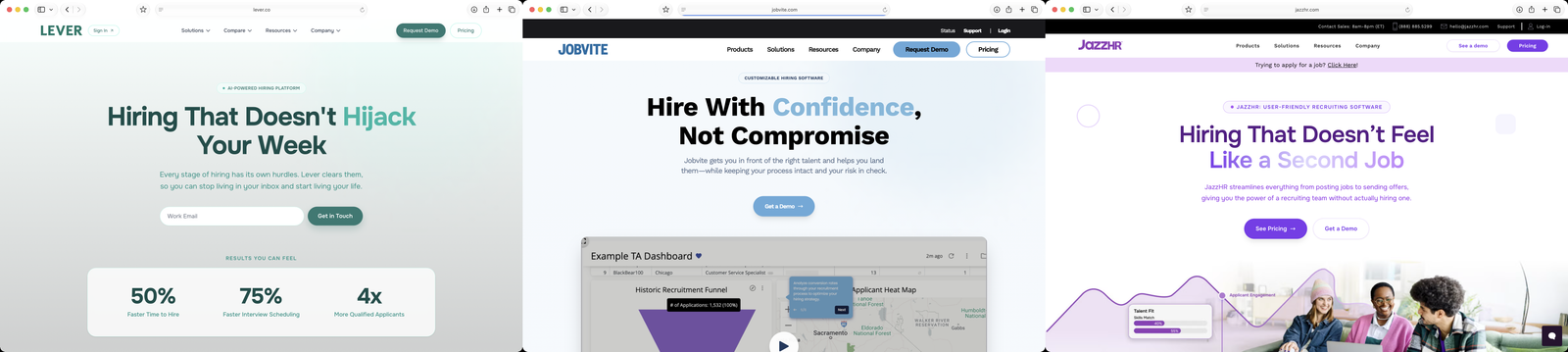 Three hiring-software homepages side by side, Lever, Jobvite, and JazzHR. Despite being different brands, all three share a nearly identical layout: a centered pill label, a large two-line headline with one word in a brand color, a short subhead, a single call-to-action button, and a product screenshot below.