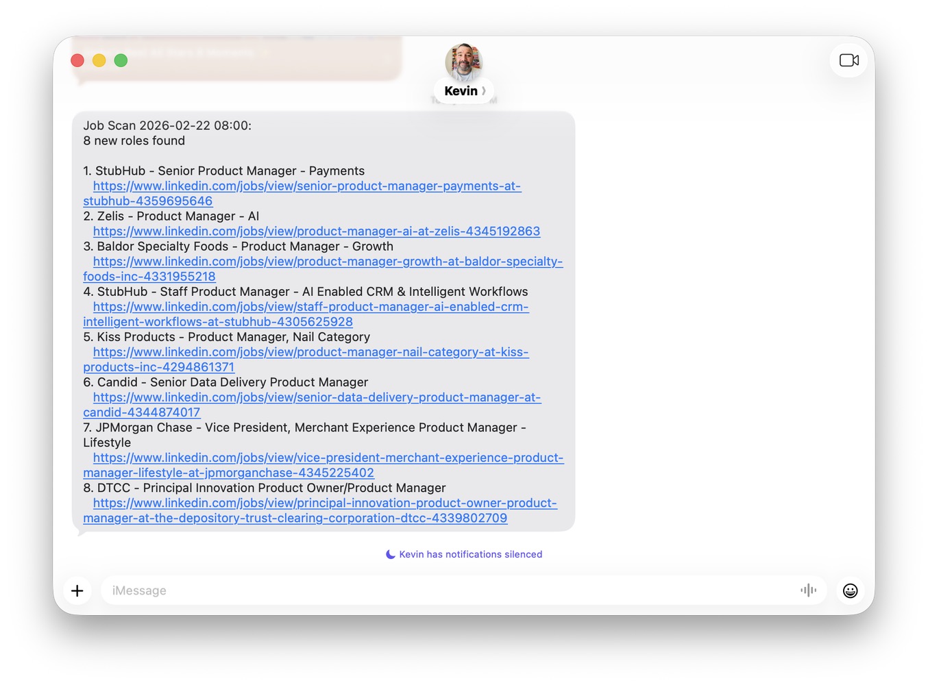 An iMessage from the job scan listing eight new product manager roles with clickable links.