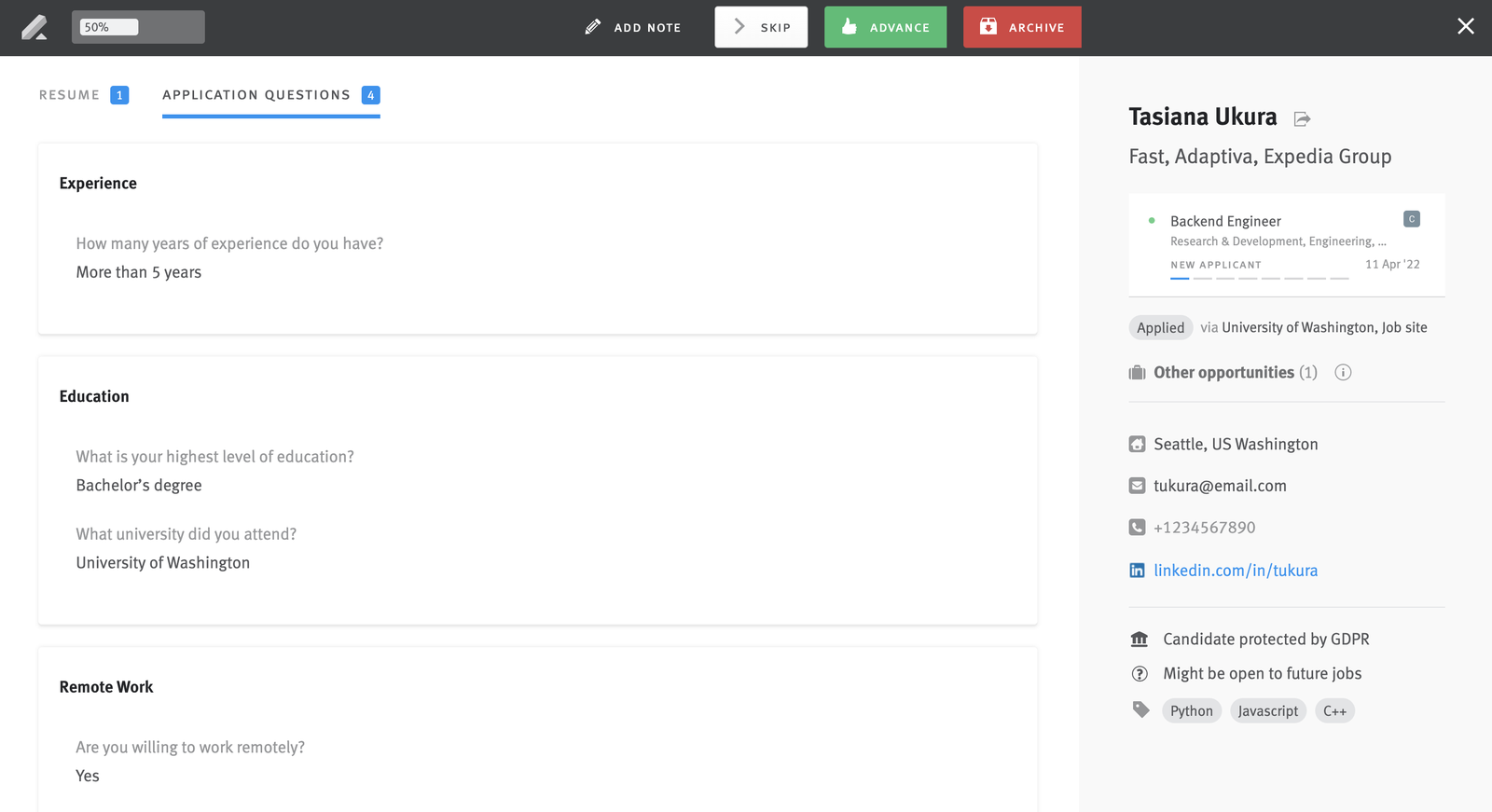 The Application Questions tab in Lever, showing a candidate's answers: "More than 5 years" of experience, a bachelor's degree, and "Yes" to working remotely.