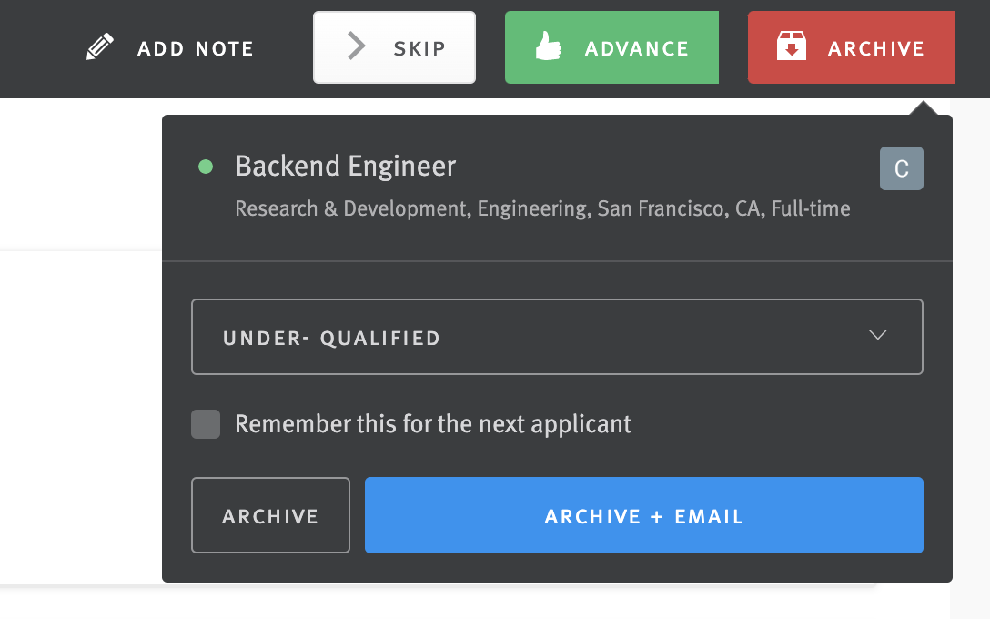 The Archive menu in Fast Resume Review, with "Under-qualified" selected as the reason and an "Archive + Email" button.