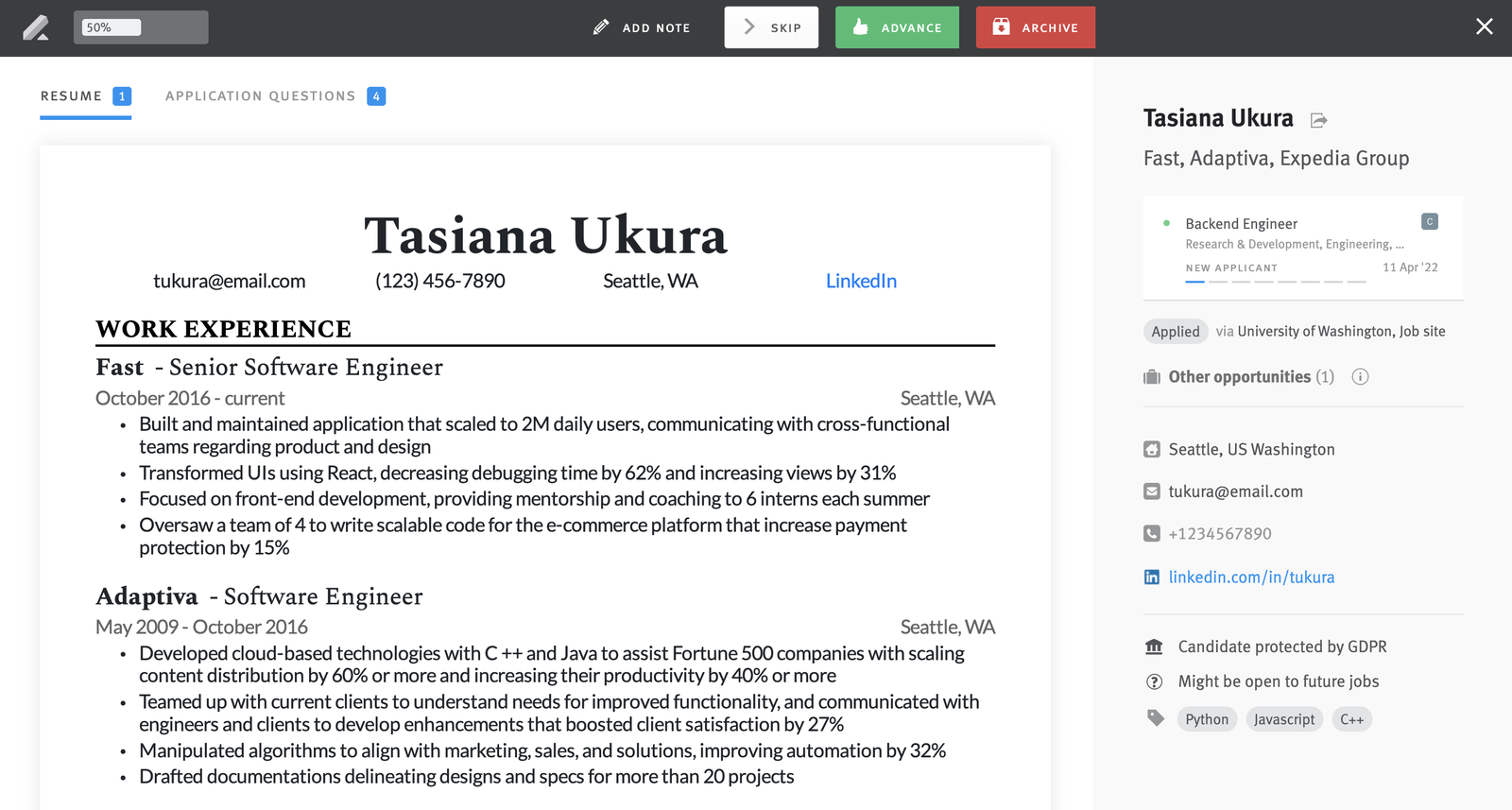 Lever's Fast Resume Review: the candidate's resume on the left, their profile on the right, and Skip, Advance, and Archive buttons along the top.