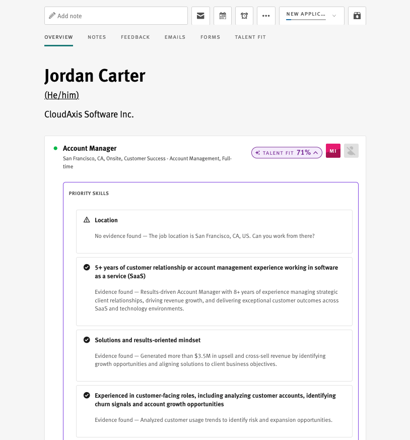 A candidate's Talent Fit breakdown in Lever: a 71% score, priority skills each marked "Evidence found" with a quote from the resume, and Location marked "No evidence found" with the question "Can you work from there?"