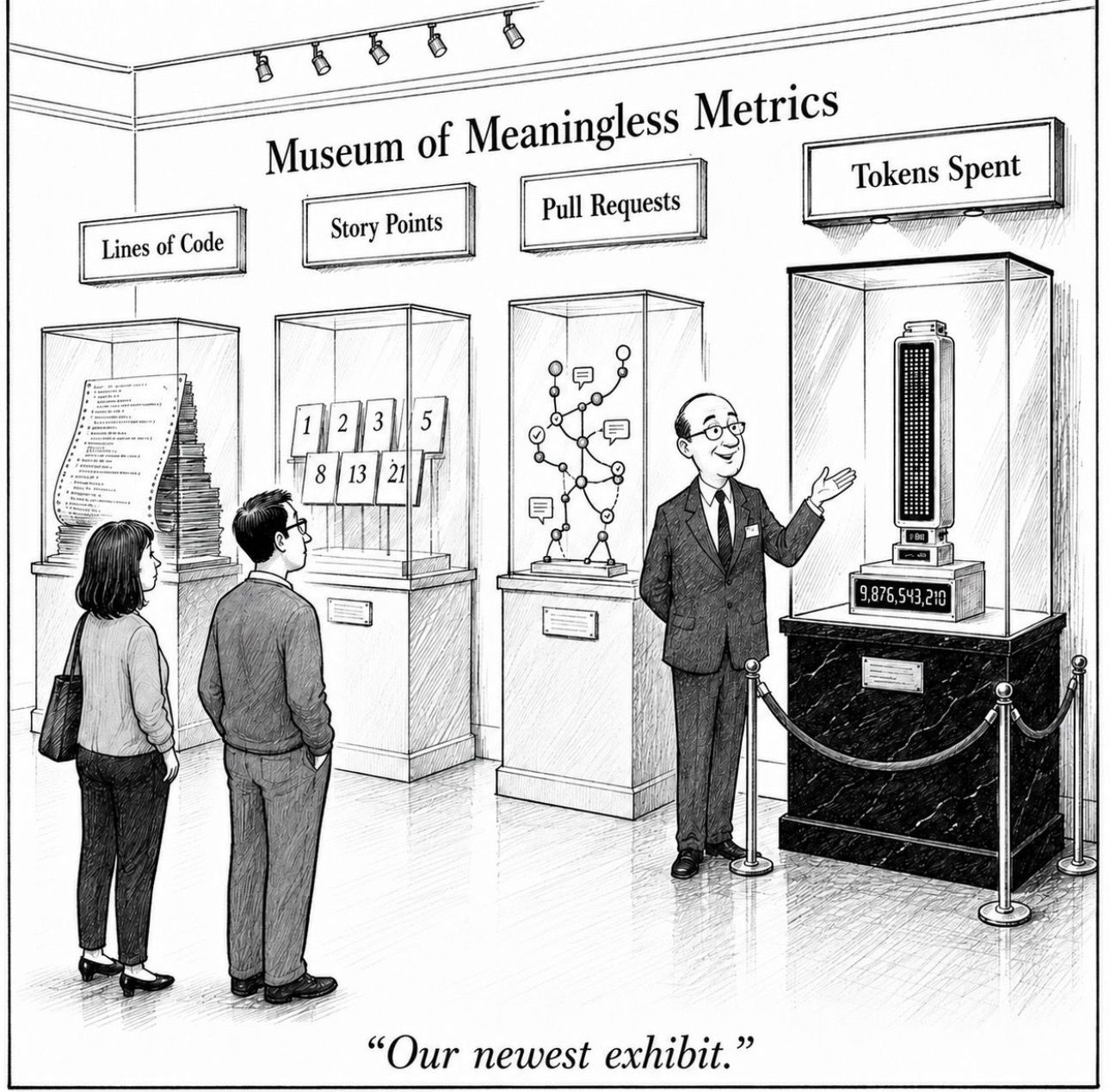 Black-and-white cartoon titled "Museum of Meaningless Metrics." Four museum display cases, each with a placard: "Lines of Code" holds a towering stack of printouts, "Story Points" shows cards with the Fibonacci numbers 1, 2, 3, 5, 8, 13, 21, "Pull Requests" displays a tangle of nodes, checkmarks, and comment bubbles, and "Tokens Spent" sits on a black marble pedestal behind a velvet rope, showing a counter that reads 9,876,543,210. A docent in a suit gestures proudly toward the Tokens Spent case while two visitors look on. The cartoon's caption reads "Our newest exhibit."