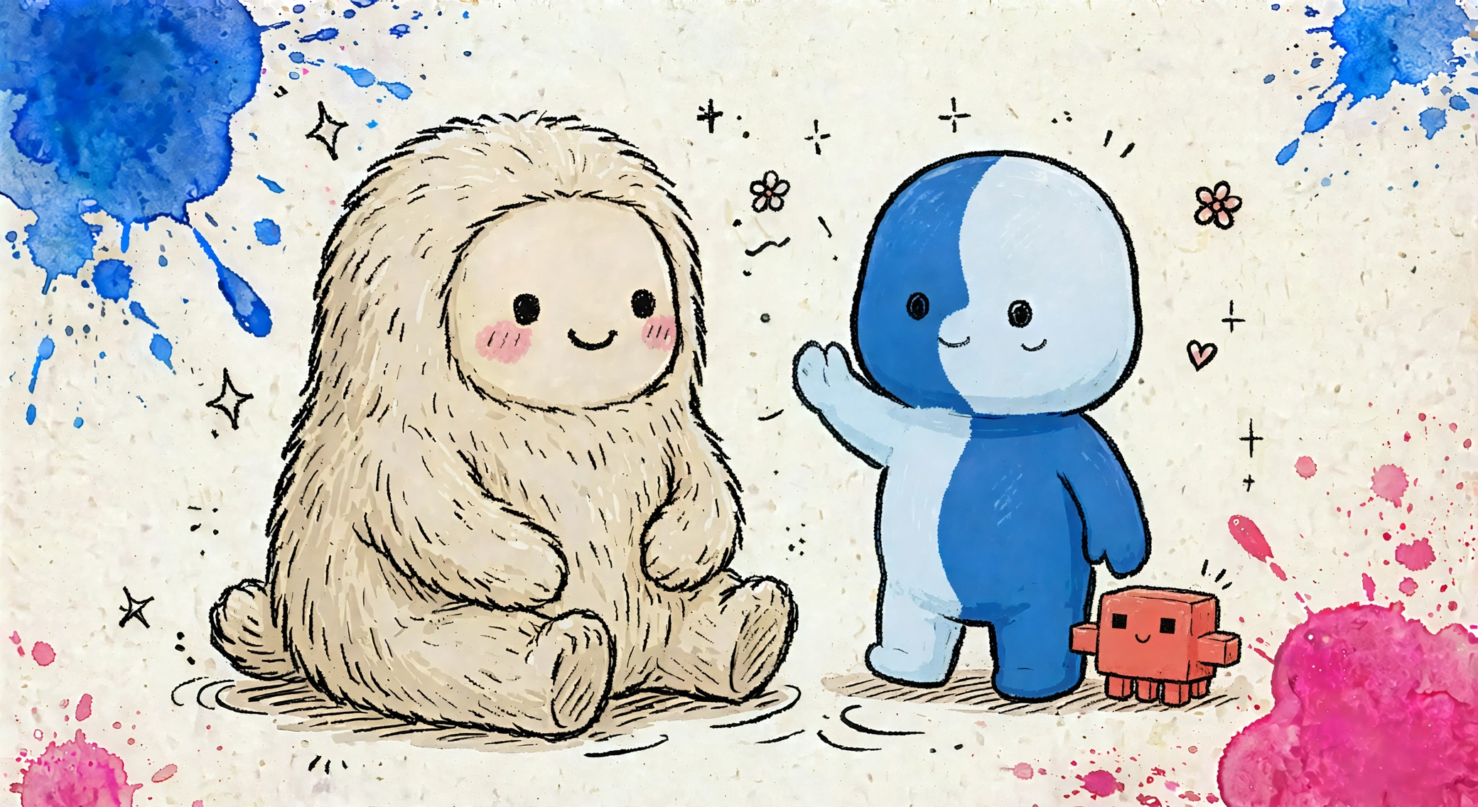 A hand-drawn doodle of two new friends on cream paper: Muse, a fluffy beige creature with a round face and rosy cheeks, sits next to a small silver Mac mini with a friendly cartoon face and an antenna topped with a star. Blue and hot-pink paint splatters fill the corners, with little sparkles and flowers between them. Muse drew this one itself.