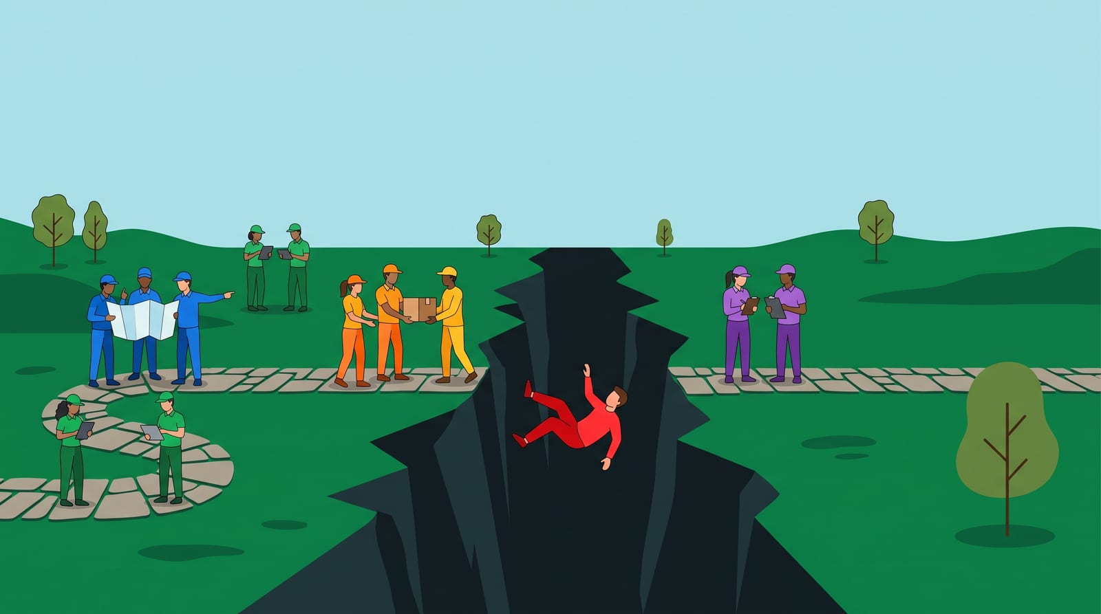 A winding stone path where several teams work at different stages of a customer journey, reading a map, reviewing tablets, handing off a product box. The path breaks at a deep, dark chasm in the center, and a lone customer in red falls into the gap while a team on the far side keeps working, unaware.