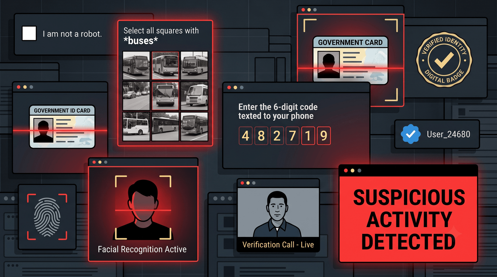 A dark editorial collage of overlapping "prove you're real" verification screens: an "I am not a robot" checkbox, a "select all squares with buses" picture puzzle, a scanned government ID card, a six-digit code texted to your phone, a facial-recognition scan of a face, a live verification video call, a gold "verified identity" digital badge, a blue verified checkmark next to a user handle, a fingerprint scan, and a large red "suspicious activity detected" alert. Several screens glow warning red.