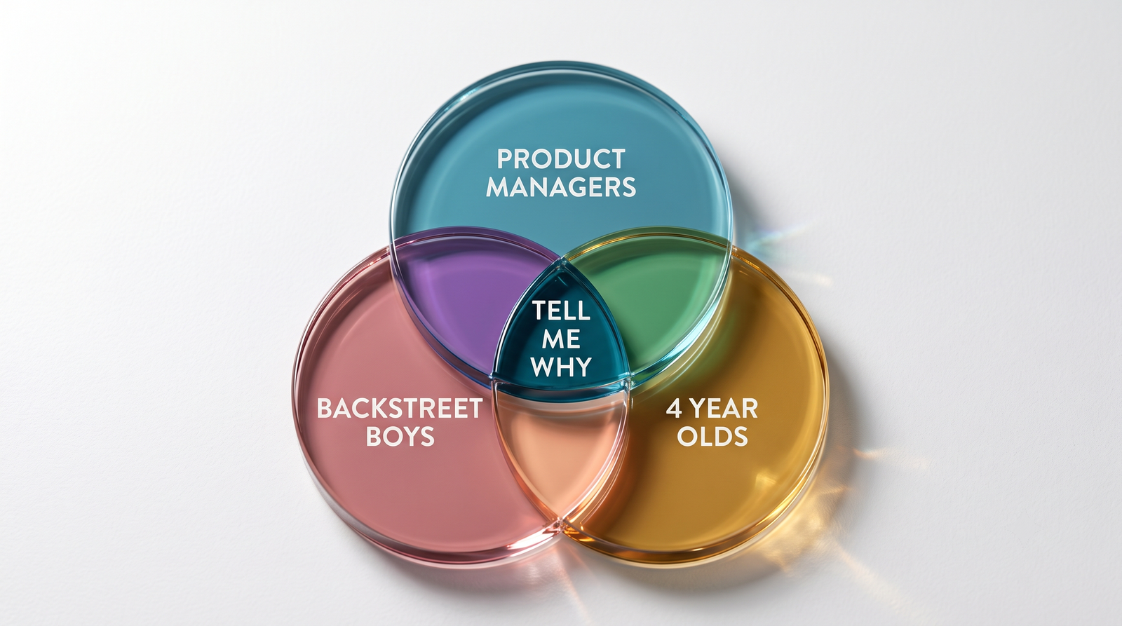 Three glossy translucent glass discs arranged as a Venn diagram on a soft white surface. Product Managers, Backstreet Boys, and 4 Year Olds overlap in the center on "Tell Me Why."