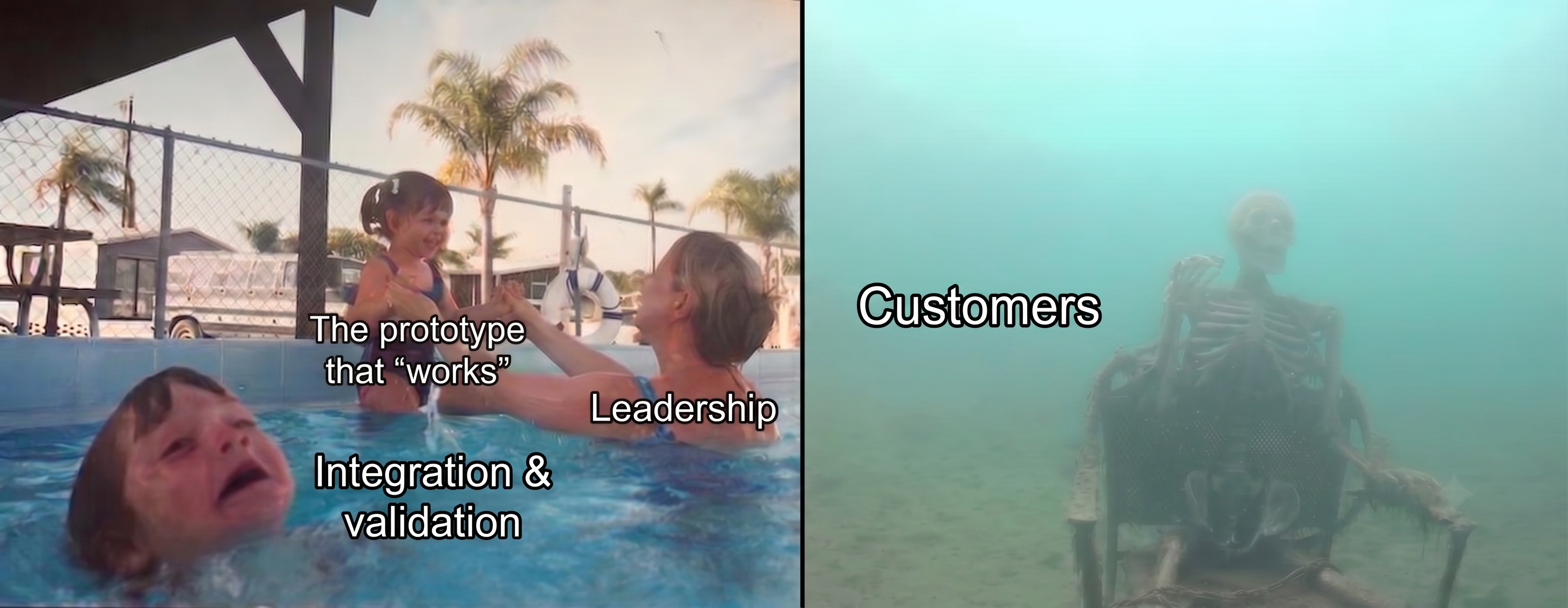 Meme. A mom ("Leadership") plays with one happy kid ("The prototype that 'works'") while another kid ("Integration & validation") drowns behind her, and a skeleton ("Customers") sits forgotten at the bottom of the pool.
