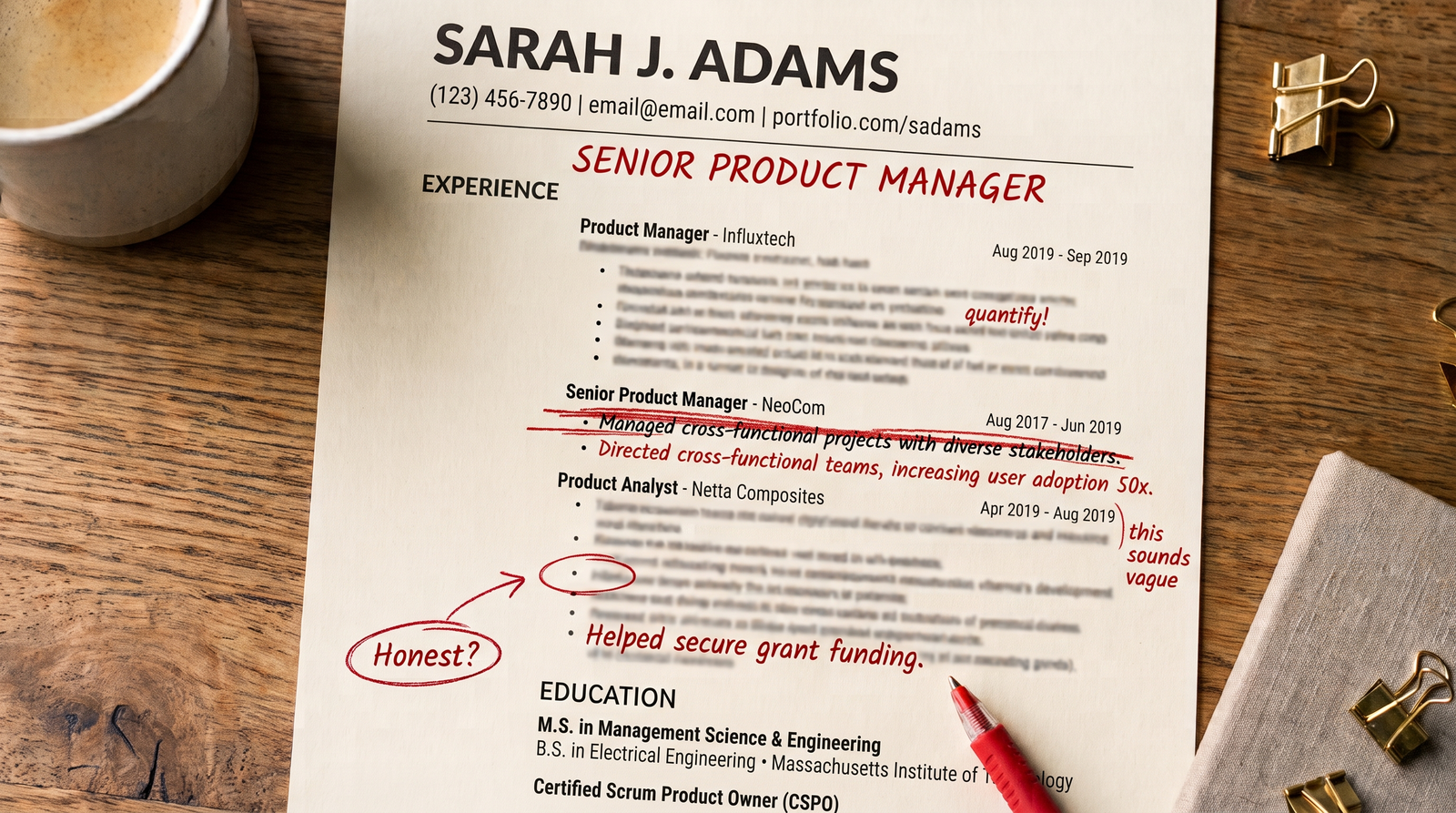 A resume on a screen with a vague responsibility crossed out and a measurable outcome written in its place.