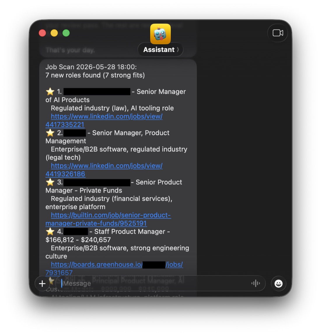 Screenshot of a Messages conversation with "Assistant," showing an 8am job scan
