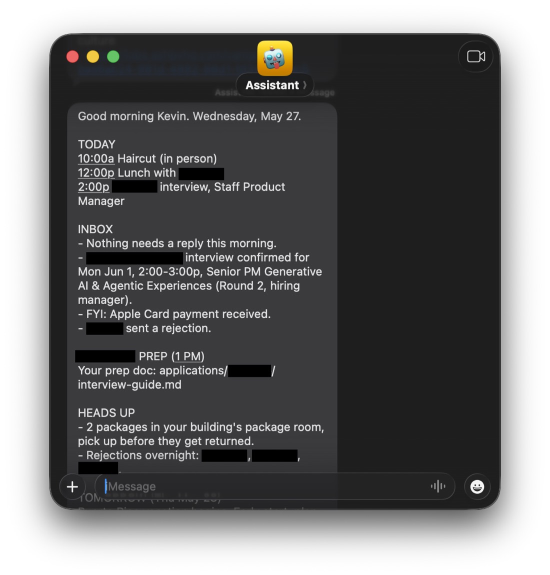 Screenshot of a Messages conversation with "Assistant," showing the 8am morning briefing