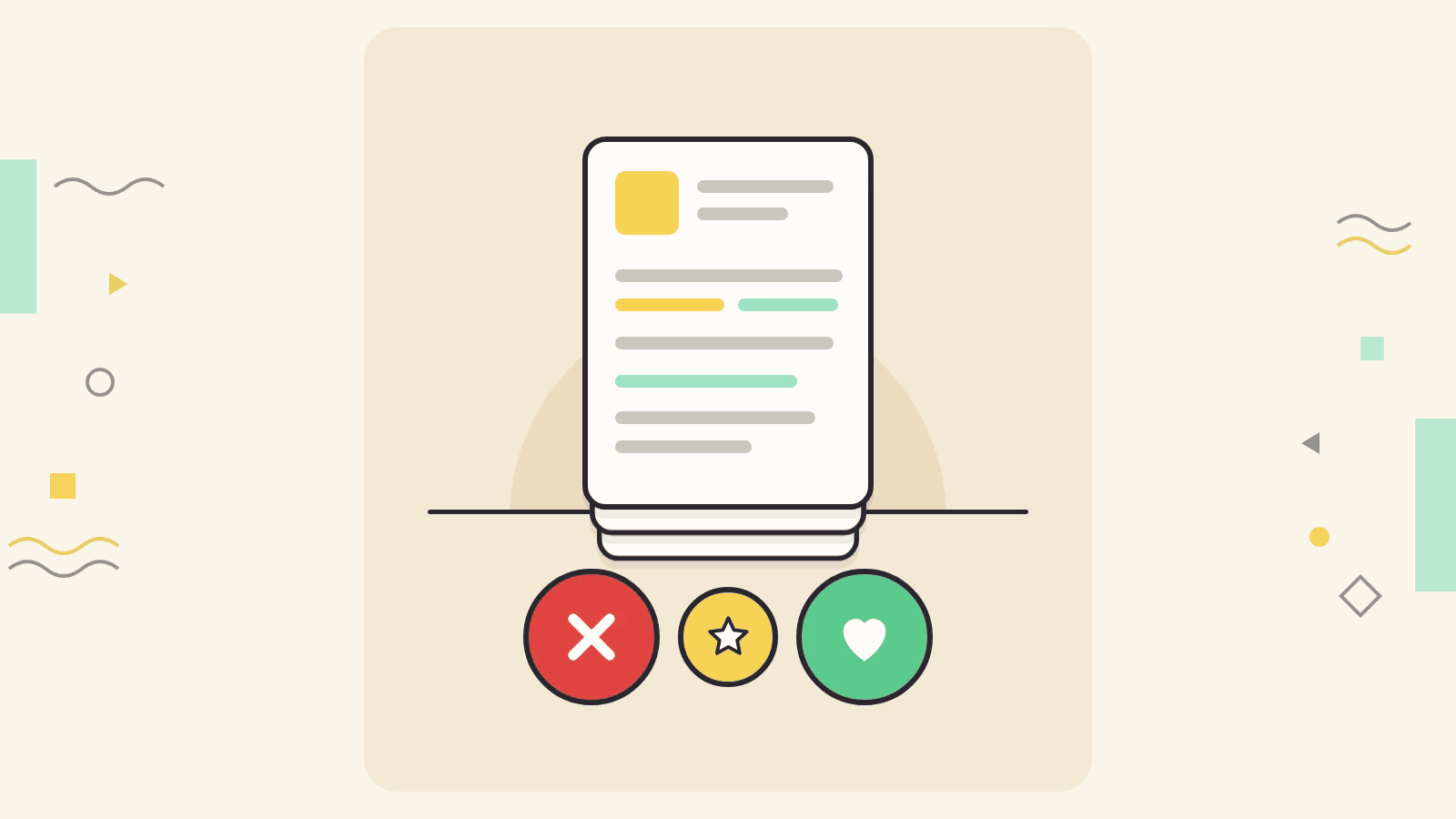 An illustrated stack of resumes on a swipe-style app. The top resume gets a red X and a NOPE stamp and flies off to the left, then the next one gets a heart and a YES stamp and flies off to the right, above a row of X, star, and heart buttons.