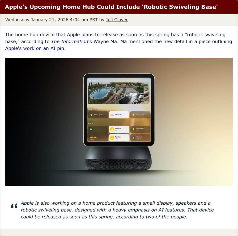 A news article screenshot about Apple's upcoming home hub device with a robotic swiveling base.