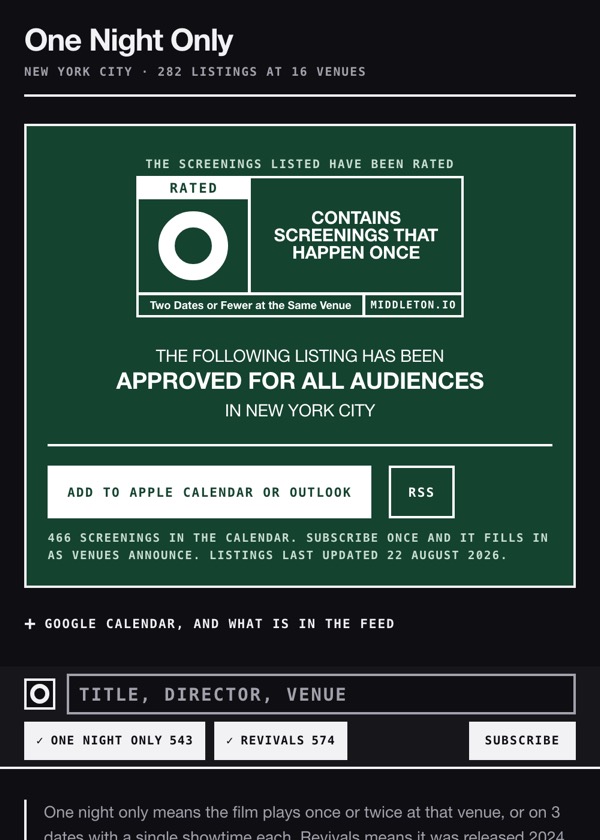 The One Night Only site: a forest-green ratings-board hero for NYC repertory screenings