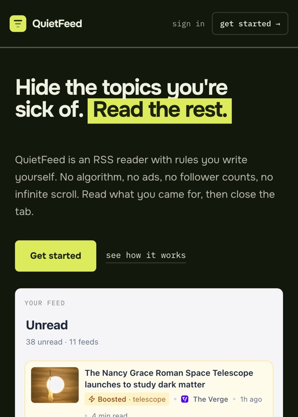 QuietFeed's landing page: Hide the topics you're sick of. Read the rest.