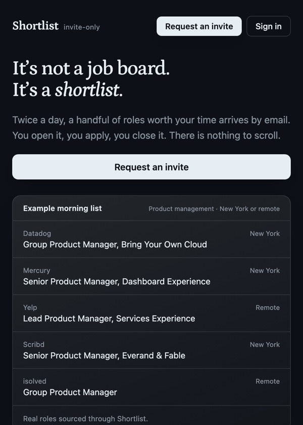 Shortlist's landing page: It's not a job board. It's a shortlist.