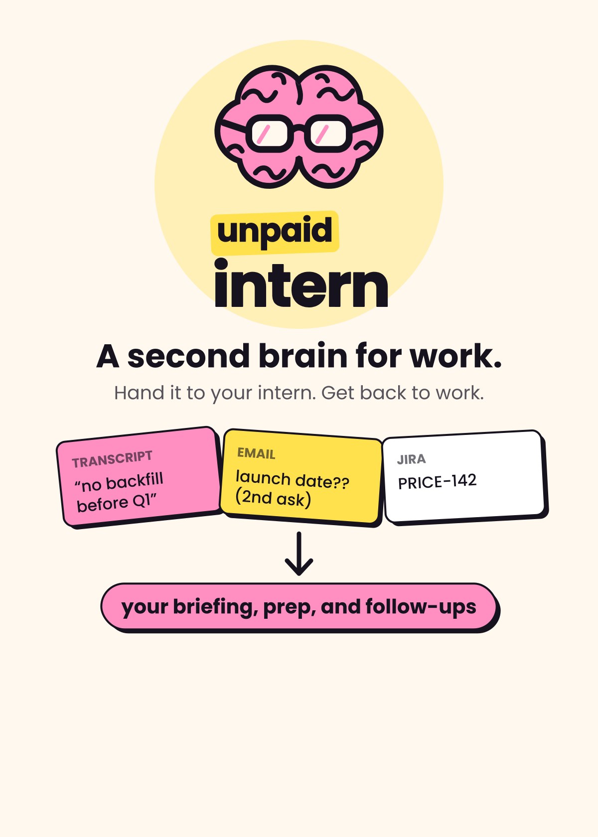 Unpaid Intern: a pink brain in glasses over the words A second brain for work, with a pile of work notes turning into a morning briefing, meeting prep, and follow-ups