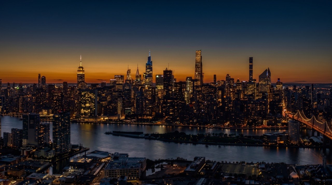 The Manhattan skyline at dusk, seen from across the water
