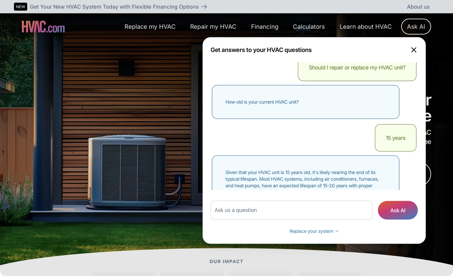 HVAC.com Ask AI assistant answering a repair or replace question