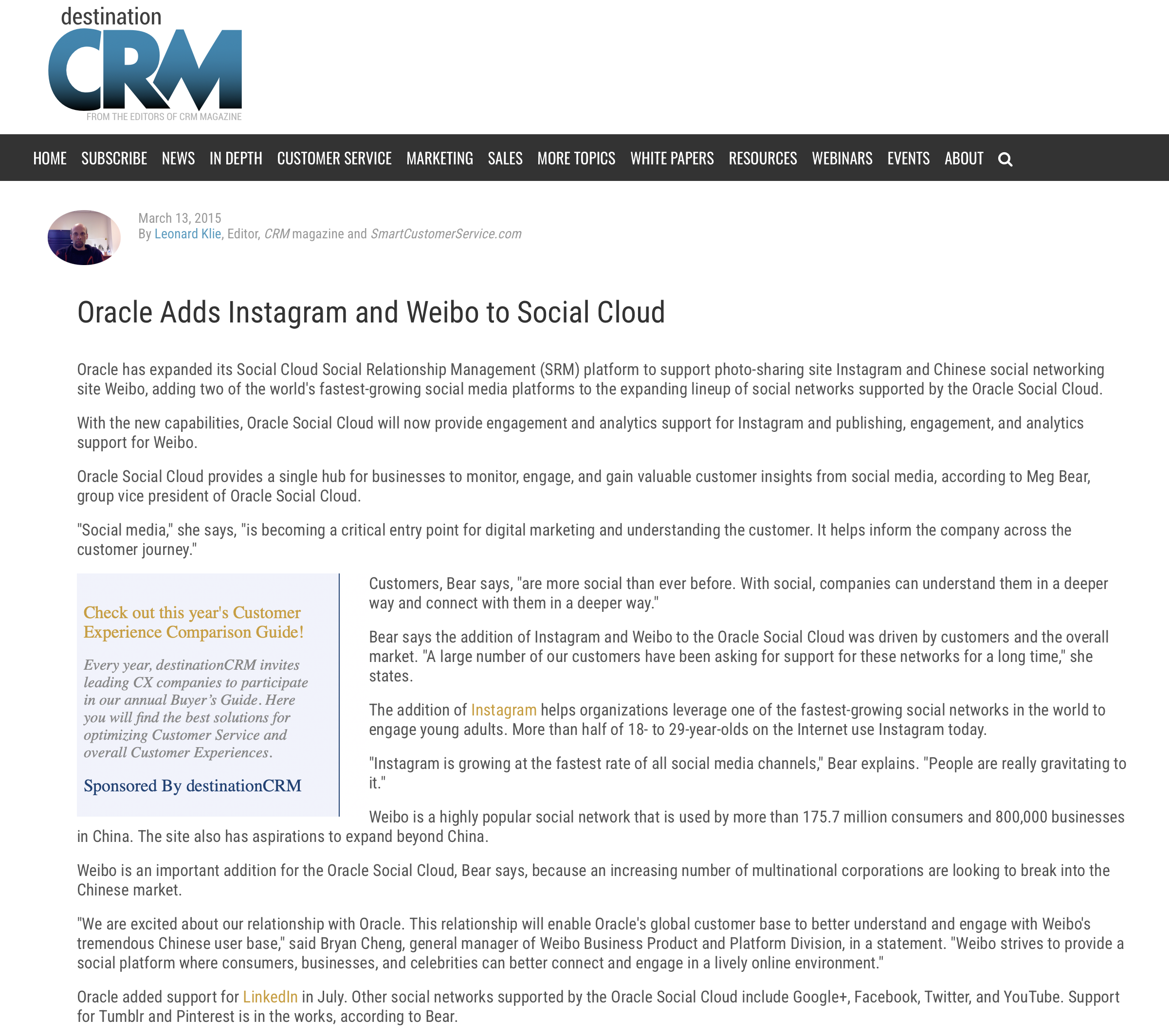 Oracle Adds Instagram and Weibo - Press Coverage