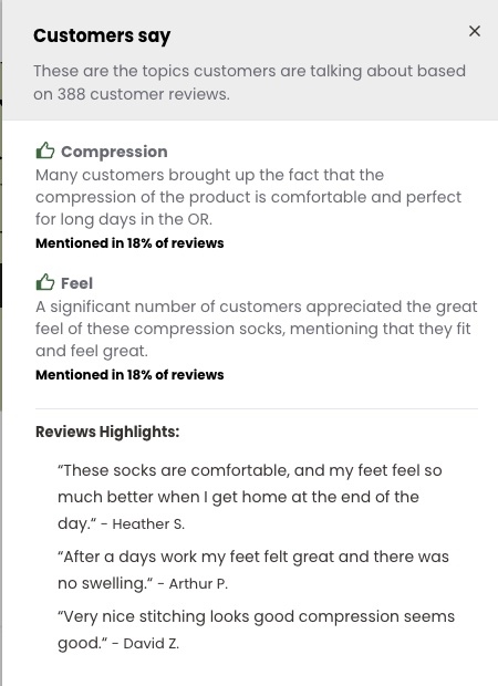 Bombas review summary panel: Compression mentioned in 18 percent of reviews, perfect for long days in the OR, with highlighted reviews from Heather S. and Arthur P.