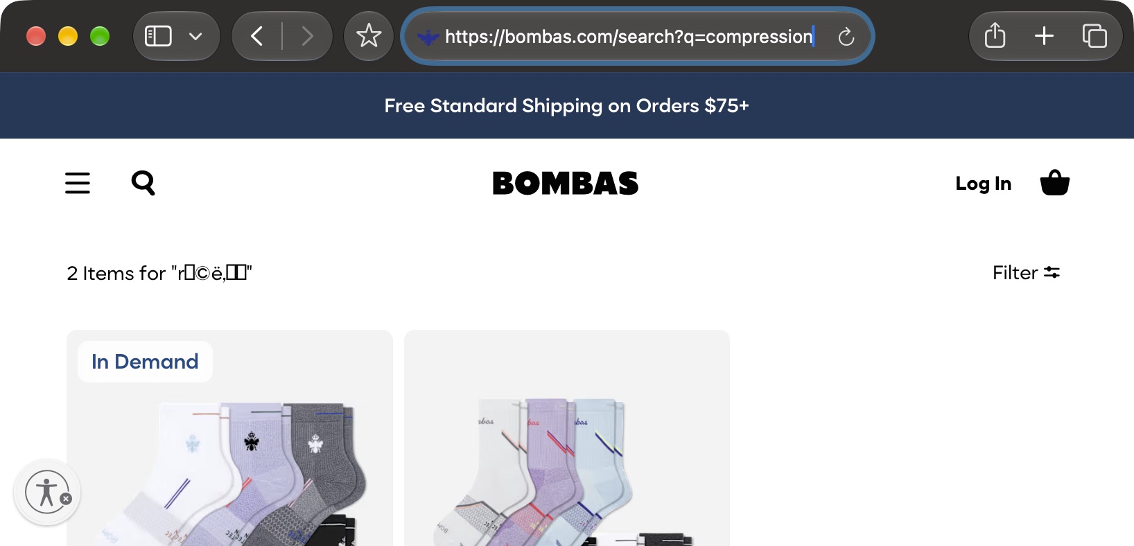 Browser at bombas.com/search?q=compression showing the results title 2 Items for a string of garbled characters