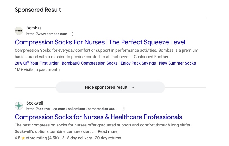 Google results: Bombas as the sponsored result, Sockwell as the first organic result