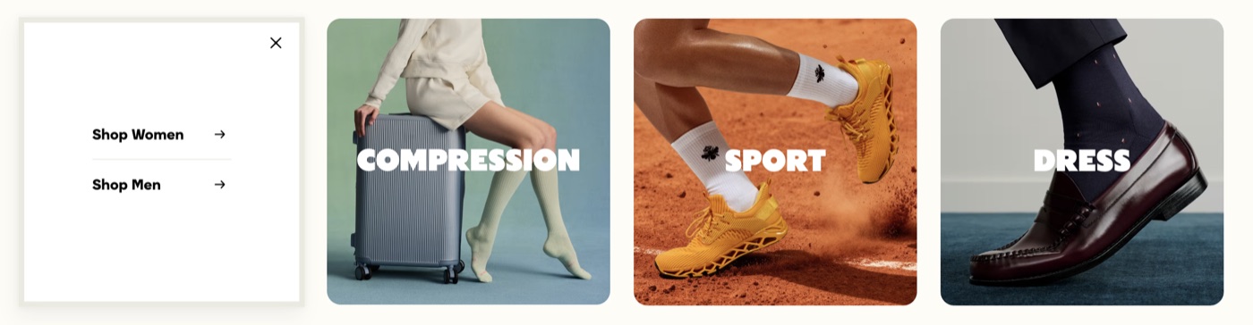 Bombas homepage tiles with one flipped open into a Shop Women / Shop Men chooser