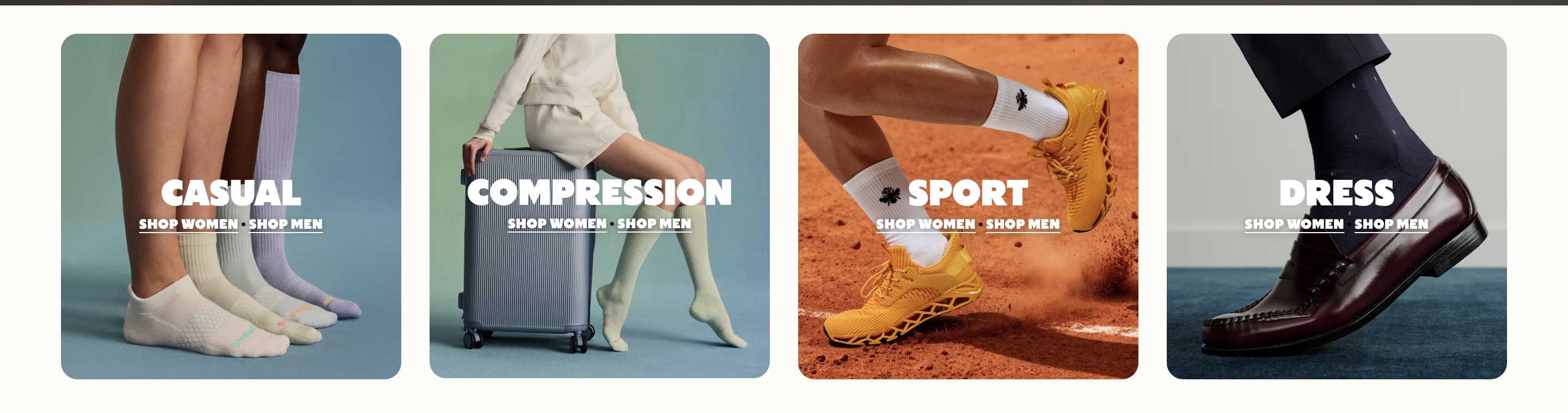 The same four homepage tiles, each with a Shop Women and Shop Men text link added under its title